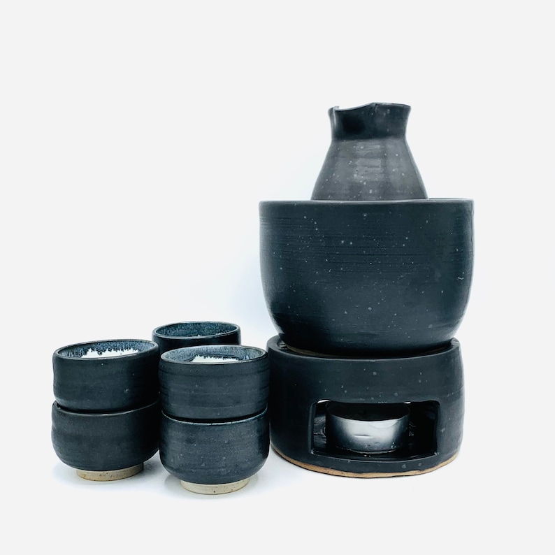 Madetoorder 9piece Matte Black Sake Set With Warmer Base Etsy