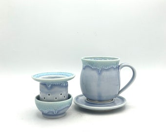 NEW! Ice Blue Sky Tea-for-One 4-Piece Porcelain Ceramic Tea Cup Set with Mug Saucer, Infuser and Lid / Dish by Amy Schnitzer