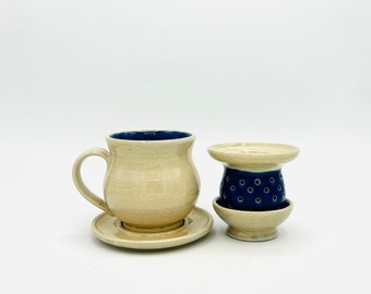 NEW! Deep Blue Surprise Tea-for-One 4-Piece Ceramic Tea Cup Set with Mug Saucer, Infuser and Lid / Dish by Amy Schnitzer