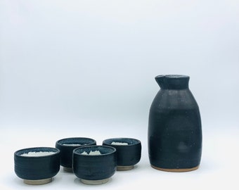 Made-to-Order 5-Piece Satin Black Ceramic Sake Set with Bottle & Cups by Amy Schnitzer