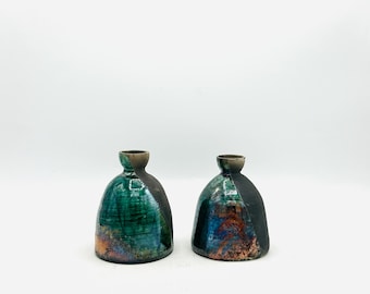 NEW! Rainbow Deep Jade Green Luster Raku Fired Rounded Ceramic Candlestick Holder by Amy Schnitzer