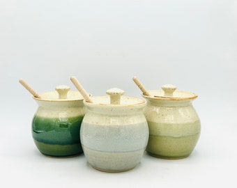 Made-to-Order Two-Toned Ceramic Honey Pot with Lid and Dipper in Country Chic Colors by Amy Schnitzer