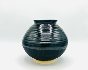 Black-on-Black Carved Ceramic Moonjar Vase by Amy Schnitzer