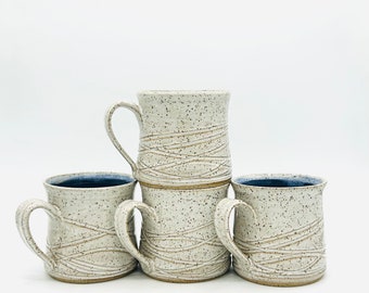 Wave Carved Speckled White Ceramic Coffee / Tea Cups, 12 Oz Capacity, by Amy Schnitzer