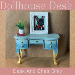Dollhouse Furniture 1 12 Miniature Dollhouse Wooden Office Desk With Drawers Painted Dollhouse Desk and Chair Miniature Office Furniture