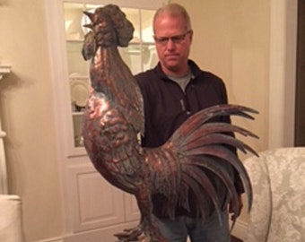 HUGE Handcrafted 3 Dimensional Crowing ROOSTER Weather vane Copper Patina Finish Weathervane