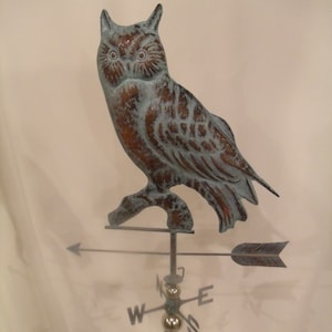 Large Handcrafted 3D 3- Dimensional OWL Weathervane Copper Patina Finish