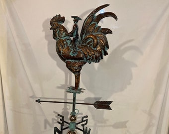 Handcrafted 3 Dimensional ROOSTER with rider Weathervane Copper Patina Finish