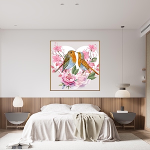 Une belle affiche imprimable de la Saint-Valentin mettant en vedette deux oiseaux perchés ensemble à l'intérieur d'un cœur