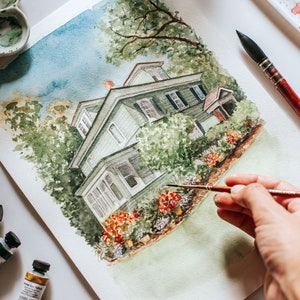 Watercolor house painting, Hand painted home portrait, Housewarming gift, First home gift, Mother's Day Gift , Original Painting image 1