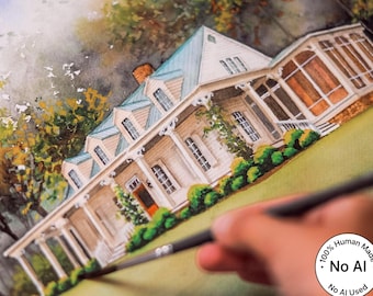 House Portrait Painting from Photo, Custom Hand-Painted Watercolor