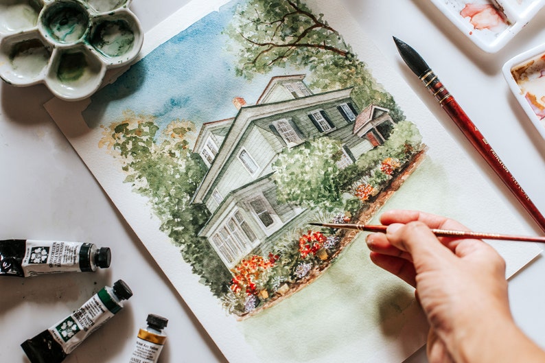 Watercolor house painting, Hand painted home portrait, Housewarming gift, First home gift, Mother's Day Gift , Original Painting image 1