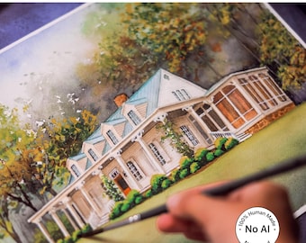 Custom House Portrait from Photo – Hand-Painted Watercolor Home Painting
