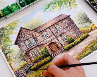 Custom Hand-Painted Watercolor House Portrait, Original Artwork