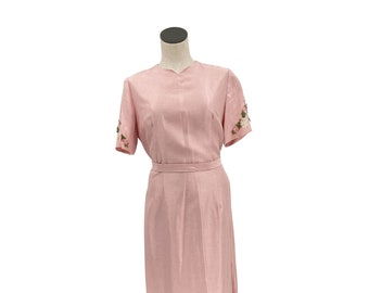 1960s Pink Floral Detailed Cocktail Dress Size 14 Vintage Mid-Century Modern Authentic 60s Party Dress with Matching Belt Short Sleeve