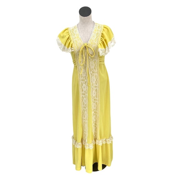 1970's vintage Prairie Dress S/M Bright Yellow with White Lace Gunne Sax Dupe Style Maxi Prom Sunshine Lace Tablier Ruffle Trim Easter Spring