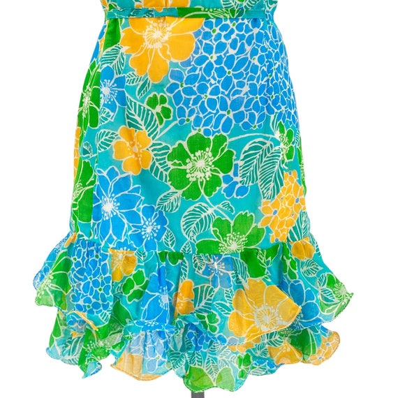 1960s Unlabelled Coral & Green Floral Print on Yellow Silk Skirt