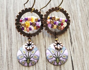 Upcycled tin earrings lavender brass and  glass beads wrapped circle boho earrings lightweight unique dangle earrings recycled jewelry