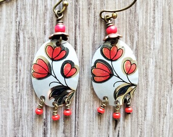 small red and white floral upcycled tin earrings tiny glass seed bead dangles puffed oval shape pretty jewelry gift  handmade lightweight