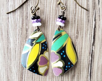 upcycled tin earrings colorful abstract floral in purple, yellow and green, glass flower beads artisan made handmade vintage tin jewelry