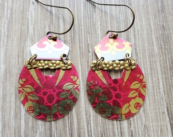 upcycled tin earrings gorgeous raspberry pink and gold floral art deco art nouveau style handmade earrings brass flower bar royal crown top