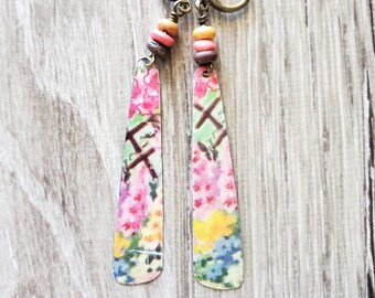 Recycled tin earrings watercolor pink flowers and trellis long skinny bar earrings cottage floral vintage tin jewelry