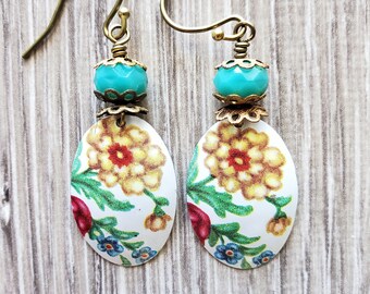 Upcycled tin earrings cottage flowers hammered oval czech glass green bead vintage brass flower beadcaps unique gift under 30 lightweight
