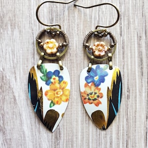 Upcycled tin earrings wire wrapped glass flower brass ring fall floral earrings reuse vintage candy tin jewelry lightweight unique handmade