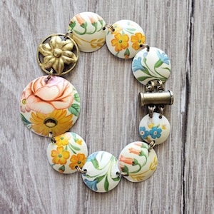Upcycled tin bracelet gorgeous cottage floral vintage brass hand hammered magnetic clasp tin tile bracelet comfortable artisan made unique