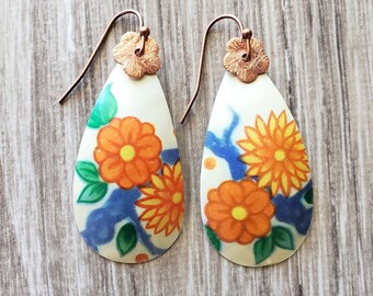 Vintage tin earrings bright floral with orange blue and green hand hammered candy tin earrings rich color upcycled tin jewelry copper flower