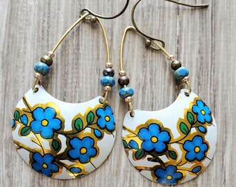 Vintage Tin Floral Hoop Earrings: Lightweight Handmade Jewelry