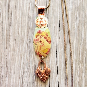 Upcycled Candy Tin Necklace: Handmade Summer Lady Pendant, Vintage Snake Chain