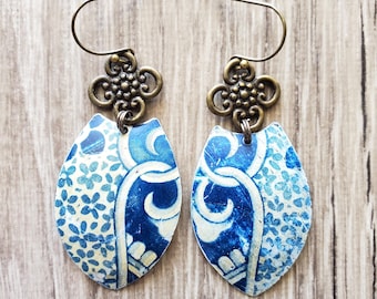 Vintage Tin Earrings: Dutch Cobalt Blue Floral, Artisan Boho Style
