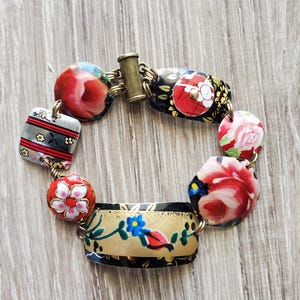 Vintage tin bracelet black red gold tin link medley of vintage candy tin charm bracelet domed with magnetic clasp upcycled tin jewelry