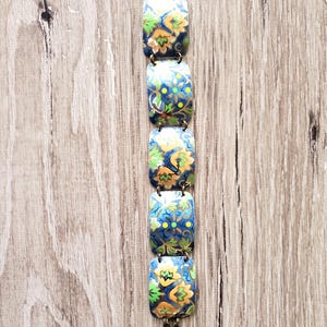 Vintage tin bracelet lotus blossom tin link medley of vintage candy tin  hand hammered with magnetic clasp upcycled tin jewelry comfortable