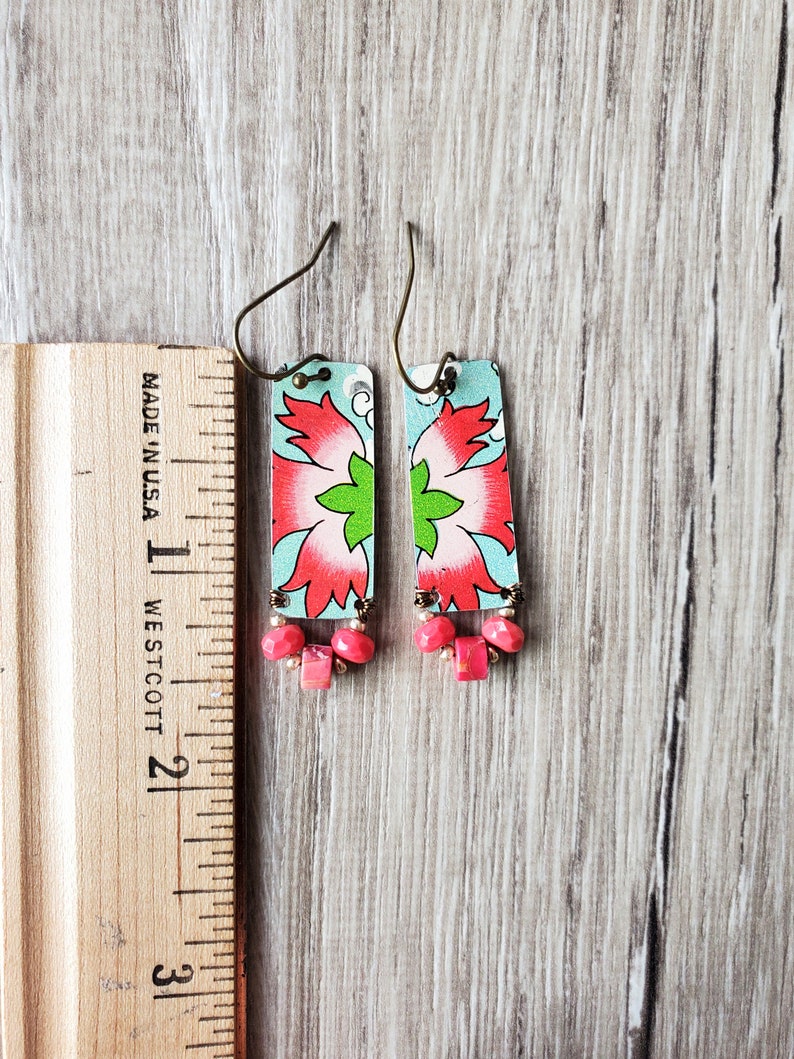 Upcycled tin earrings hot pink thistle turquoise background beaded vintage recycled tin earrings tin jewelry repurposed tin artisan earrings image 3