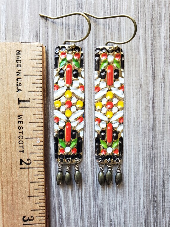 Recycled Tin Earrings Southwest Pebble Texture Brass Dangle Fringe