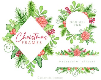 Watercolor Christmas Frames Poinsettia Clipart Christmas Clipart Pine Clipart Christmas Floral Christmas Bouquets Watercolor Wreaths PNGs