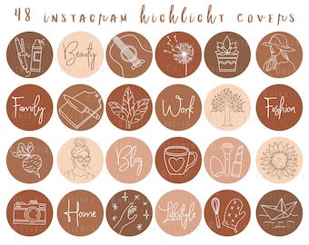 Könnte beinhalten: Set mit 48 Instagram Highlight-Covern in einer warmen Farbpalette. Jeder Kreis zeigt ein anderes Symbol oder Wort, darunter "Beauty", eine Gitarre, eine Pusteblume, eine Pflanze, "Family", ein Messer, Blätter, "Work", ein Baum und "Fashion".