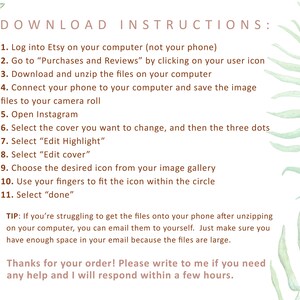 Puede incluir: Una ilustraci&oacute;n de acuarela verde y blanca de una planta frondosa sobre un fondo blanco. El texto "DOWNLOAD INSTRUCTIONS:" est&aacute; en la parte superior de la imagen. El texto debajo del t&iacute;tulo enumera 11 pasos para descargar y usar un producto digital. El texto "TIP:" va seguido de un consejo para descargar archivos. El texto "Thanks for your order! Please write to me if you need any help and I will respond within a few hours." est&aacute; en la parte inferior de la imagen.
