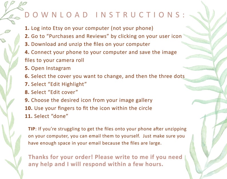 Puede incluir: Una ilustraci&oacute;n de acuarela verde y blanca de una planta frondosa sobre un fondo blanco. El texto "DOWNLOAD INSTRUCTIONS:" est&aacute; en la parte superior de la imagen. El texto debajo del t&iacute;tulo enumera 11 pasos para descargar y usar un producto digital. El texto "TIP:" va seguido de un consejo para descargar archivos. El texto "Thanks for your order! Please write to me if you need any help and I will respond within a few hours." est&aacute; en la parte inferior de la imagen.