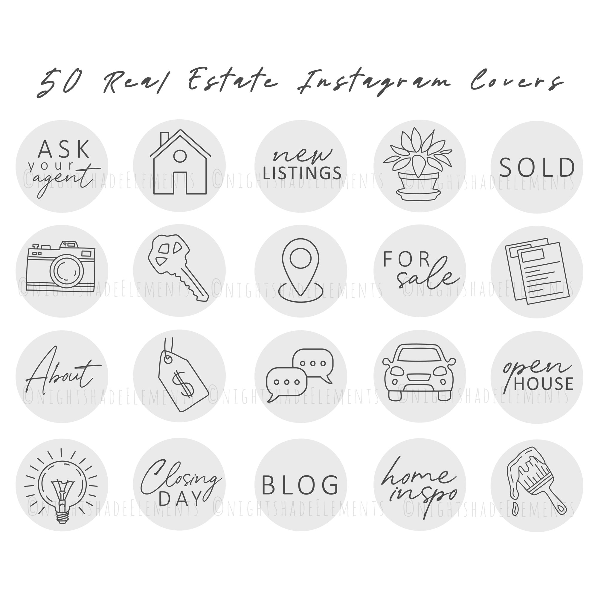 50 copertine in evidenza di Instagram per il settore immobiliare Icone per agenti immobiliari Copertine in evidenza grigie Icone di marketing Storie di Instagram Copertine in evidenza minimaliste