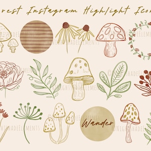 Forest Instagram Highlight Icons 17 Nature Icons Neutral Instagram Story Covers Boho Watercolor Floral Icons Vintage Botanical Mushrooms