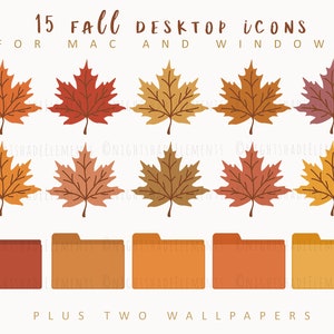 May include: Fifteen fall-themed desktop icons featuring various colored maple leaves. The icons are designed for Mac and Windows computers. The image also includes two fall-themed wallpapers.