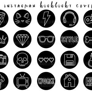 K&ouml;nnte beinhalten: Set mit 20 schwarzen und wei&szlig;en Instagram-Highlight-Covern mit verschiedenen Symbolen, darunter ein Pizzast&uuml;ck, eine Katze, ein Blitz, Kopfh&ouml;rer, ein Gamecontroller, eine Krone, ein Diamant, eine Brille, das Wort "STYLE", ein Knochen, eine Kamera, ein Sch&auml;del, Herzen, eine Diskette, ein Zaubertrankfl&auml;schchen, ein Pilz, ein Fernseher, das Wort "WORK", ein Haus und ein Kassettenband.