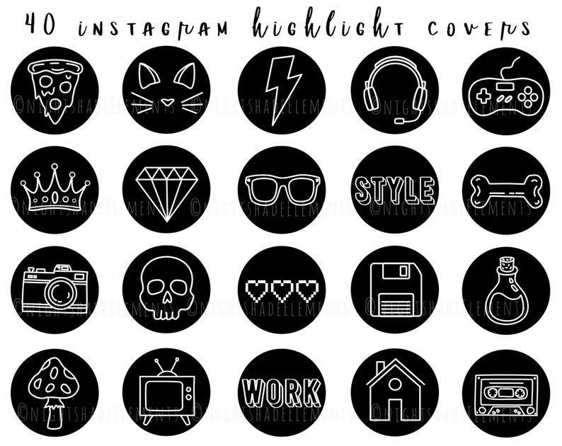 K&ouml;nnte beinhalten: Set mit 20 schwarzen und wei&szlig;en Instagram-Highlight-Covern mit verschiedenen Symbolen, darunter ein Pizzast&uuml;ck, eine Katze, ein Blitz, Kopfh&ouml;rer, ein Gamecontroller, eine Krone, ein Diamant, eine Brille, das Wort "STYLE", ein Knochen, eine Kamera, ein Sch&auml;del, Herzen, eine Diskette, ein Zaubertrankfl&auml;schchen, ein Pilz, ein Fernseher, das Wort "WORK", ein Haus und ein Kassettenband.