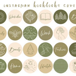 Könnte beinhalten: Set mit 48 Instagram-Highlight-Covern mit verschiedenen Illustrationen und Text. Die Cover haben ein grün-beiges Farbschema mit weißen Umrissen. Einige der Illustrationen beinhalten eine Biene, eine Bergkette, eine Kamera, einen Schmetterling, ein Glas, einen Kuchen, einen Baum und eine Blume.