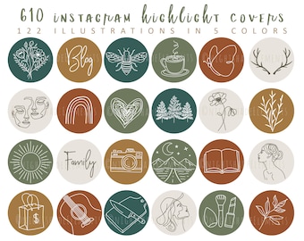 610 Boho Instagram Highlight Cover Icons Line Art Highlight Covers Warm Earth Tone Icons Neutral IG Stories Autumn Green Highlight Covers