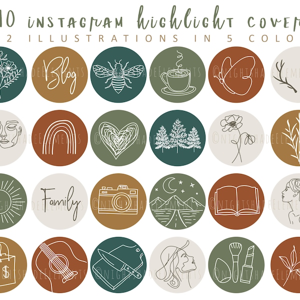 610 Boho Instagram Highlight Cover Icons Line Art Highlight Covers Warm Earth Tone Icons Neutral IG Stories Autumn Green Highlight Covers