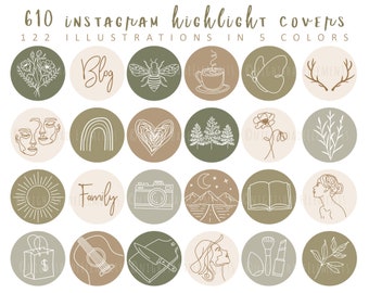 610 Boho Instagram Highlight Cover Icons Line Art Highlight Covers Earth Tone Icons Neutral Instagram Stories Nature Green Highlight Covers